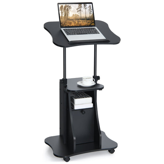 Scrivania per PC regolabile in altezza con ruote piano inclinabile e scomparti, Standing desk mobile per laptop Nera-Tavolini per laptop