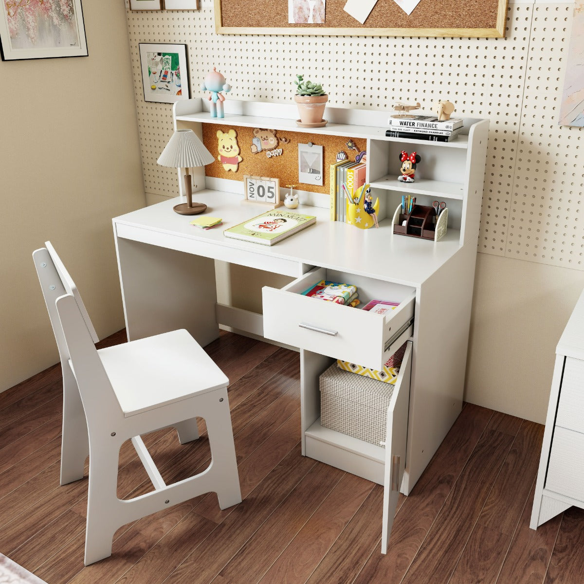 Set scrivania e sedia per studenti con mensole e cassetto-Tavolo e sedia per camera da letto e asilo nido Bianco