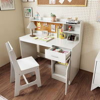 Set scrivania e sedia per studenti con mensole e cassetto-Tavolo e sedia per camera da letto e asilo nido Bianco