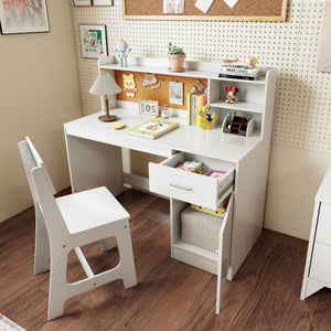 Set scrivania e sedia per studenti con mensole e cassetto-Tavolo e sedia per camera da letto e asilo nido Bianco