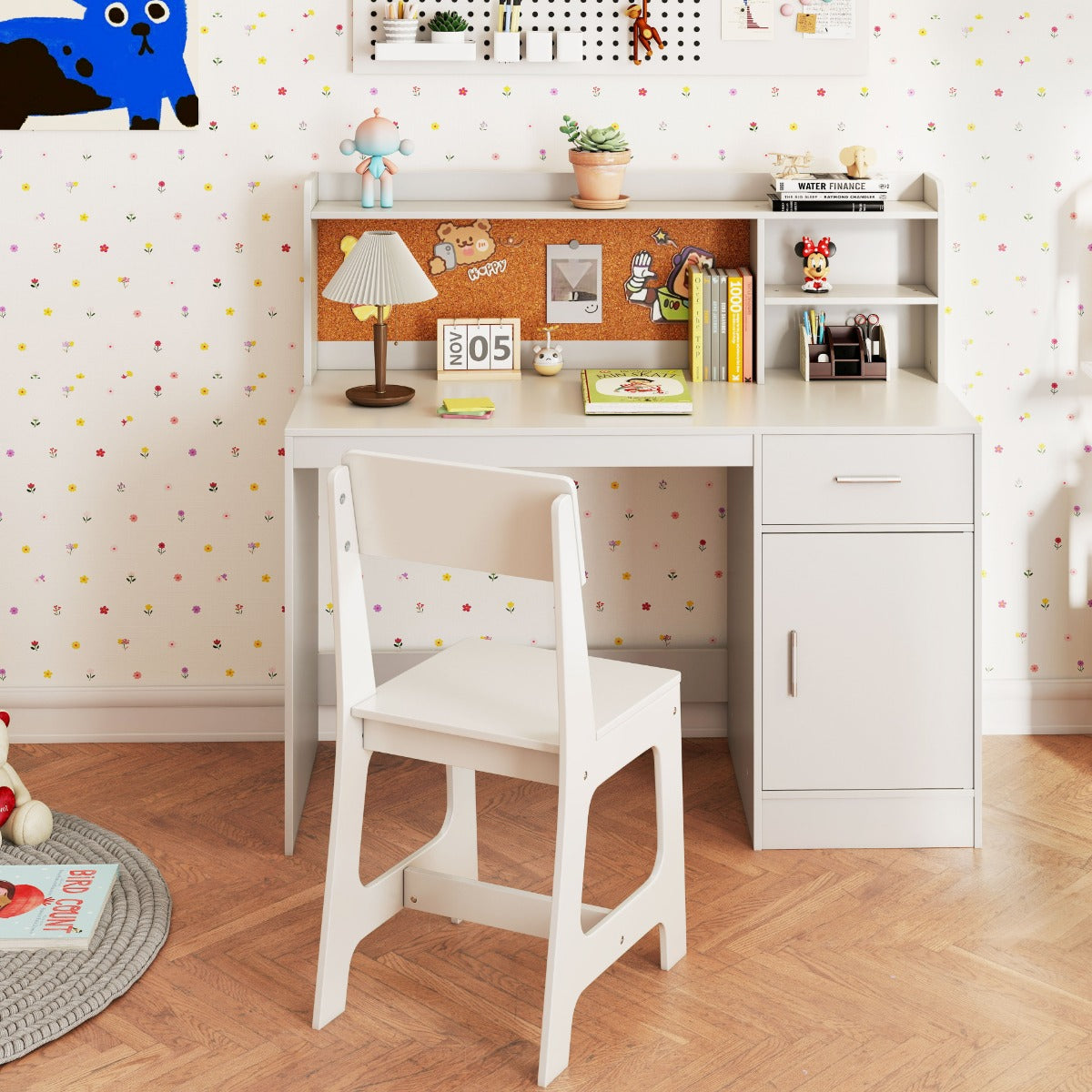 Set scrivania e sedia per studenti con mensole e cassetto-Tavolo e sedia per camera da letto e asilo nido Bianco