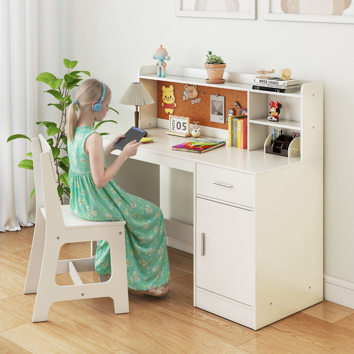 Set scrivania e sedia per studenti con mensole e cassetto-Tavolo e sedia per camera da letto e asilo nido Bianco
