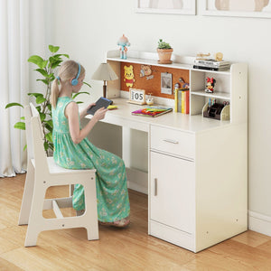 Set scrivania e sedia per studenti con mensole e cassetto-Tavolo e sedia per camera da letto e asilo nido Bianco