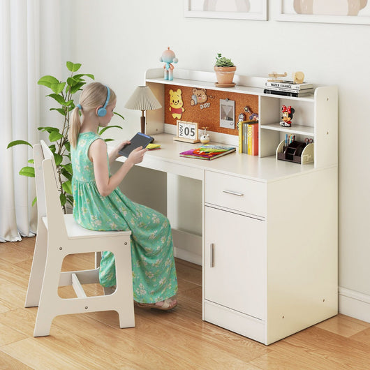 Set scrivania e sedia per studenti con mensole e cassetto-Tavolo e sedia per camera da letto e asilo nido Bianco