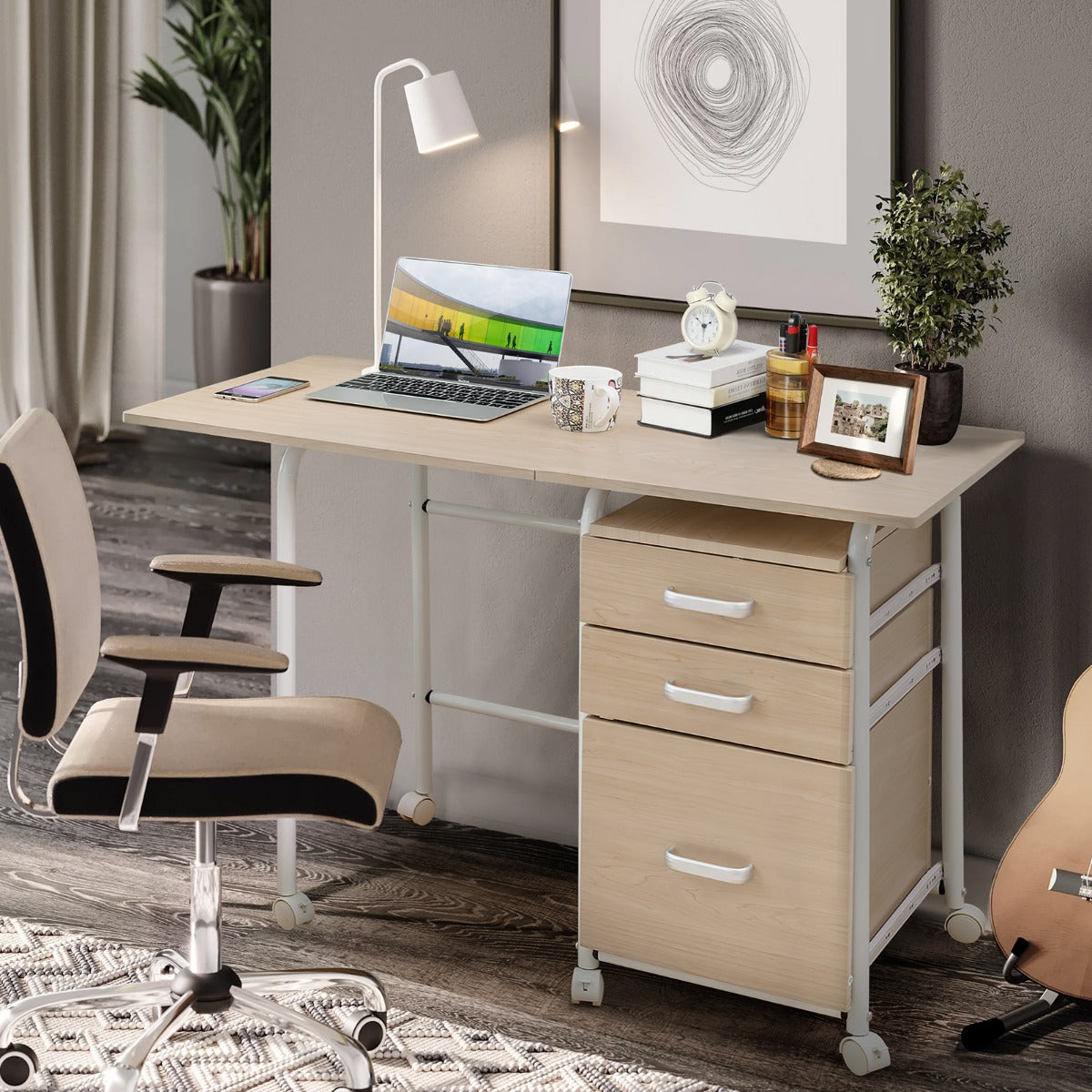 Scrivania pieghevole con 3 cassetti portaoggetti ruote bloccabili, Tavolo da scrittura struttura in metallo Naturale-Scrivanie