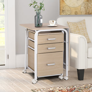 Scrivania pieghevole con 3 cassetti portaoggetti ruote bloccabili, Tavolo da scrittura struttura in metallo Naturale-Scrivanie