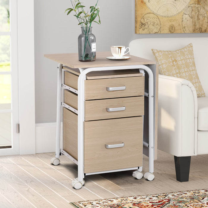 Scrivania pieghevole con 3 cassetti portaoggetti ruote bloccabili, Tavolo da scrittura struttura in metallo Naturale-Scrivanie