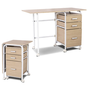 Scrivania pieghevole con 3 cassetti portaoggetti ruote bloccabili, Tavolo da scrittura struttura in metallo Naturale-Scrivanie