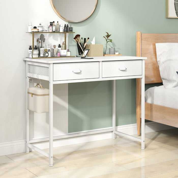 Scrivania per computer in spazi piccoli con 4 ganci e struttura rinforzata, Scrivania salvaspazio con 2 cassetti in tessuto Bianco-Scrivanie