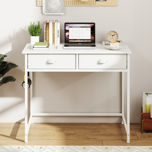 Scrivania per computer in spazi piccoli con 4 ganci e struttura rinforzata, Scrivania salvaspazio con 2 cassetti in tessuto Bianco-Scrivanie