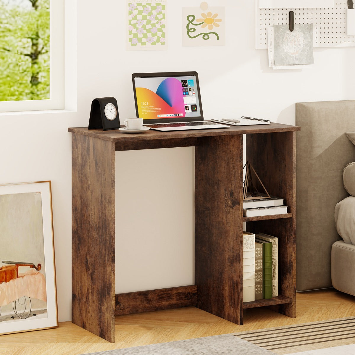 Scrivania salvaspazio da casa e ufficio 80x40x74cm per ambienti piccoli-Scrivania per computer con 2 ripiani Marrone