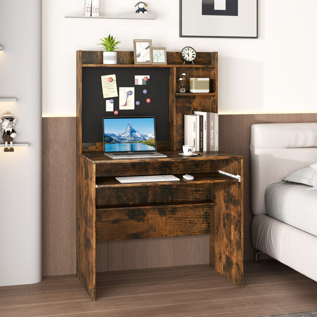 Scrivania per computer con lavagna magnetica, Scrivania moderna con ripiano e vassoio per tastiera Marrone-Scrivanie