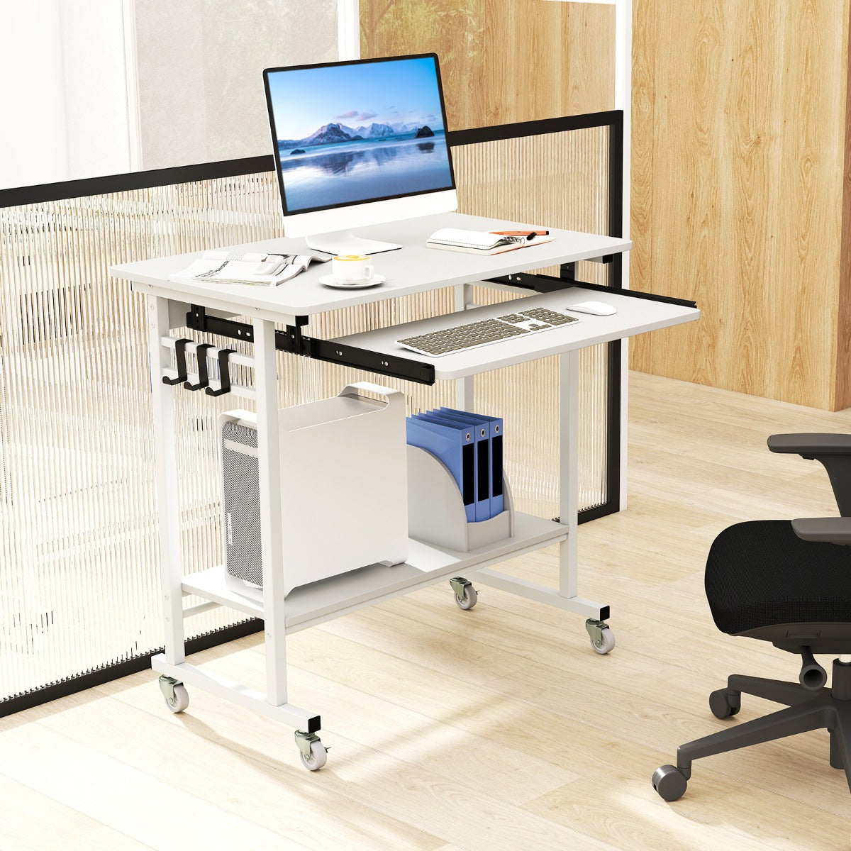 Scrivania mobile per computer con vassoio per tastiera, Carrello per PC portatile su ruote Bianco-Scrivanie