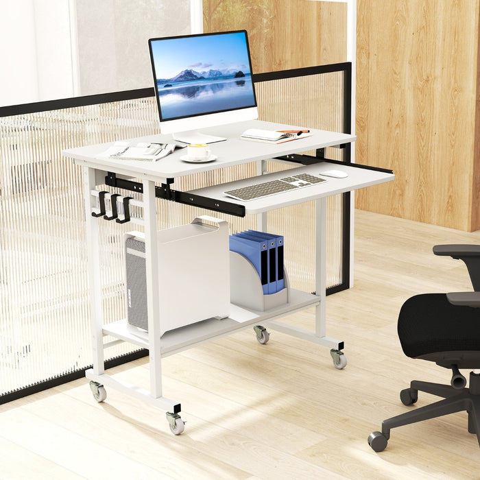 Scrivania mobile per computer con vassoio per tastiera, Carrello per PC portatile su ruote Bianco-Scrivanie