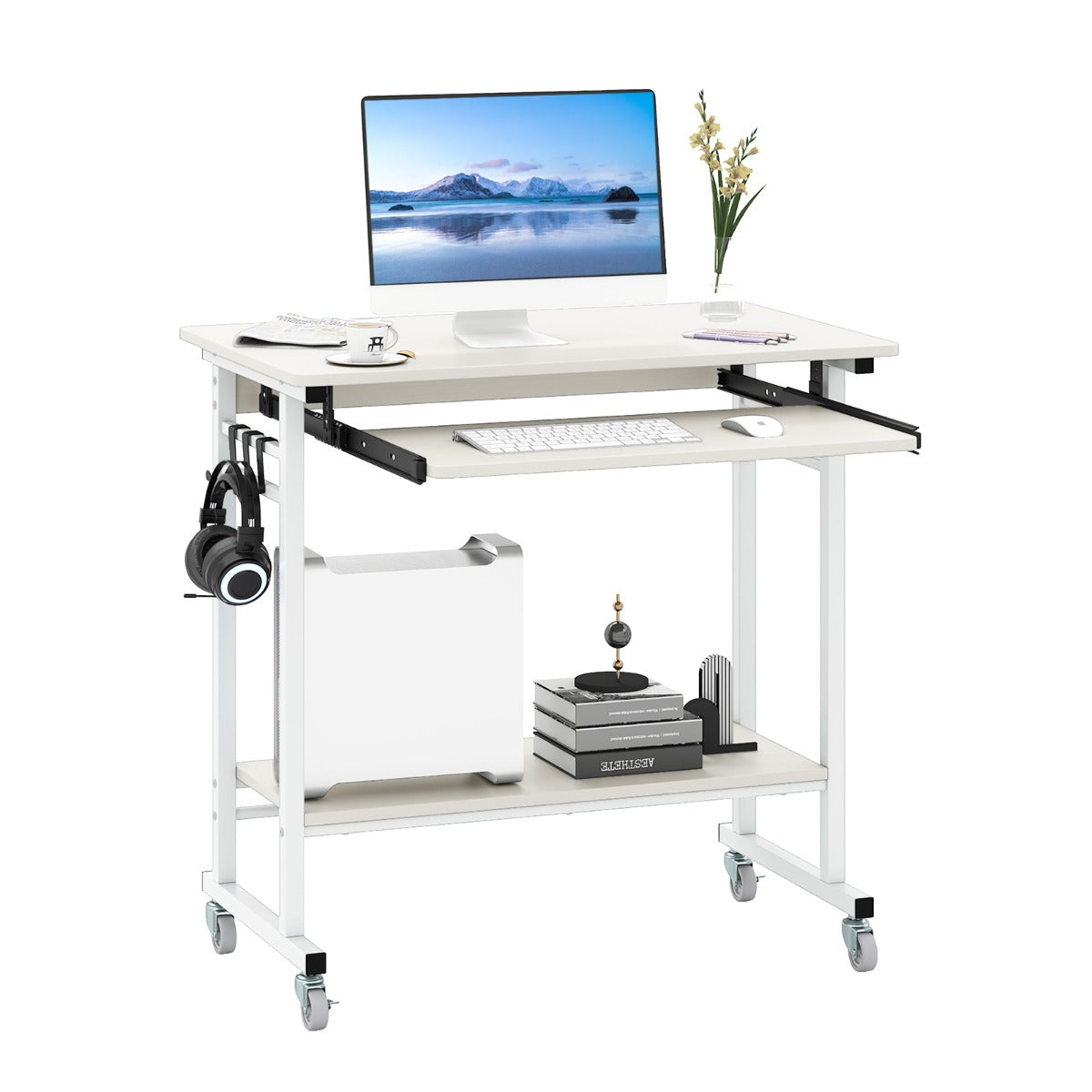 Scrivania mobile per computer con vassoio per tastiera, Carrello per PC portatile su ruote Bianco-Scrivanie