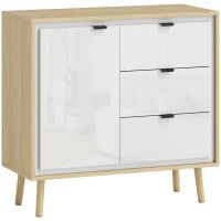 Credenza Moderna con 3 Cassetti e Armadietto, Ripiano Interno Regolabile e Ante Lucide, Bianco e Rovere
