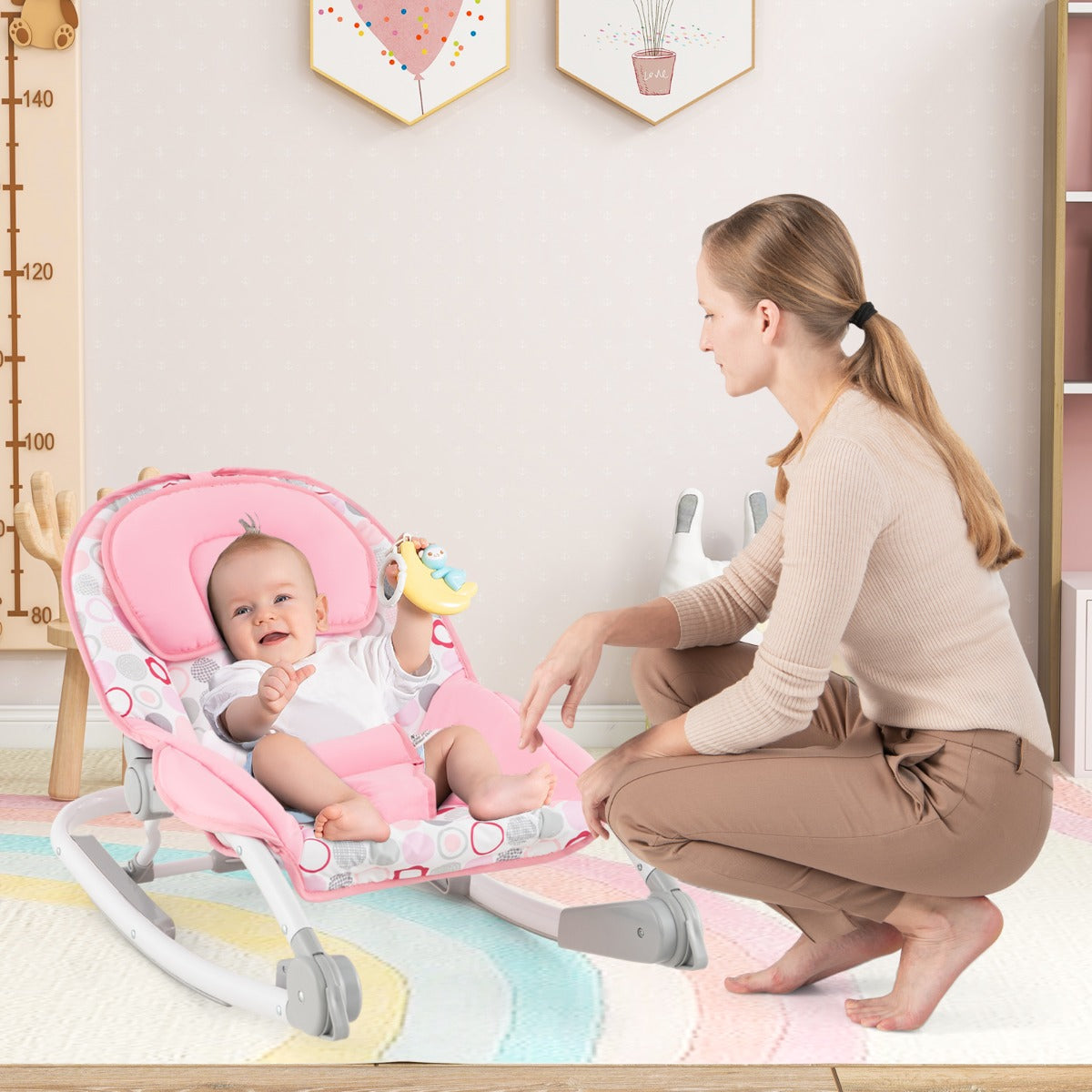 Sdraietta per bambini 2-in-1 con schienale regolabile a 3 livelli e seduta in tessuto removibile, Sdraietta portatile Rosa-Sdraiette e dondoli