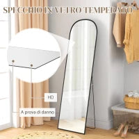 Specchio da Terra e Parete Moderno in Lega di Alluminio con Supporto Pieghevole, 50x170 cm, Nero