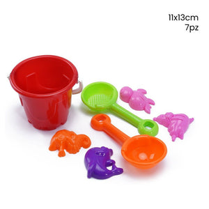 Trade Shop - Secchiello Con Palette Formine Sabbia Mare Giochi Per Bambini Kit 7 Pz 11x13cm 258297 -