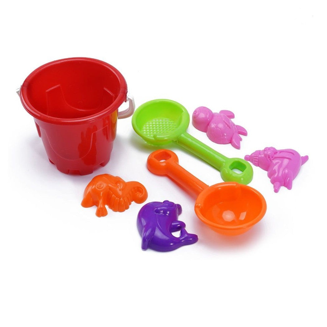Trade Shop - Secchiello Con Palette Formine Sabbia Mare Giochi Per Bambini Kit 7 Pz 11x13cm 258297 -