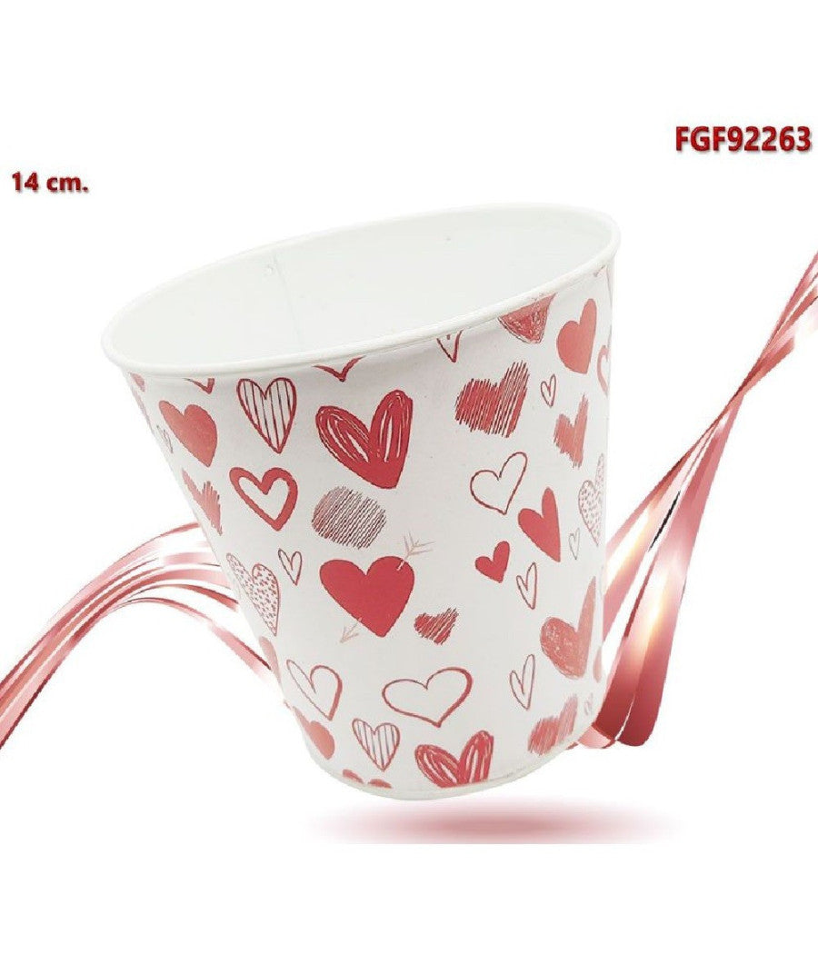 Secchiello Decorativo In Latta Con Cuori Rosso Bianco 14cm San Valentino 92263         
