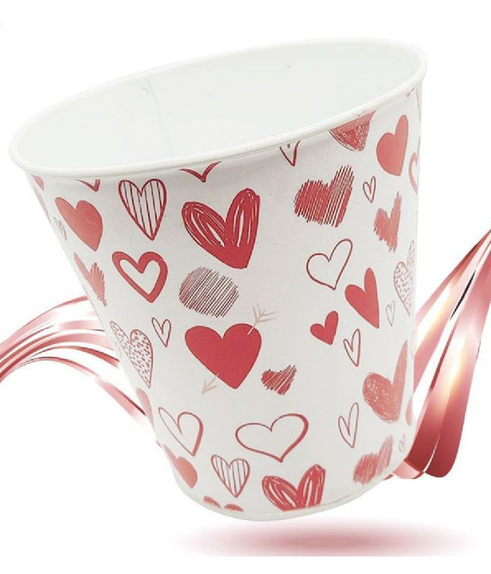 Secchiello Decorativo In Latta Con Cuori Rosso Bianco 14cm San Valentino 92263         