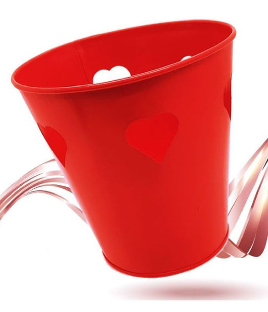 Secchiello Decorativo Rosso In Latta 14 Cm Cuori Idea Regalo San Valentino 92294         