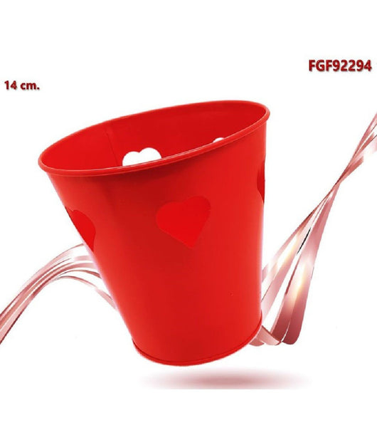 Secchiello Decorativo Rosso In Latta 14 Cm Cuori Idea Regalo San Valentino 92294         