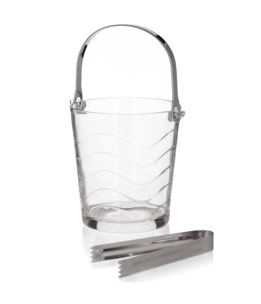 Secchiello Porta Ghiaccio In Vetro A Onde Con Pinza Manico Pieghevole Tavola         