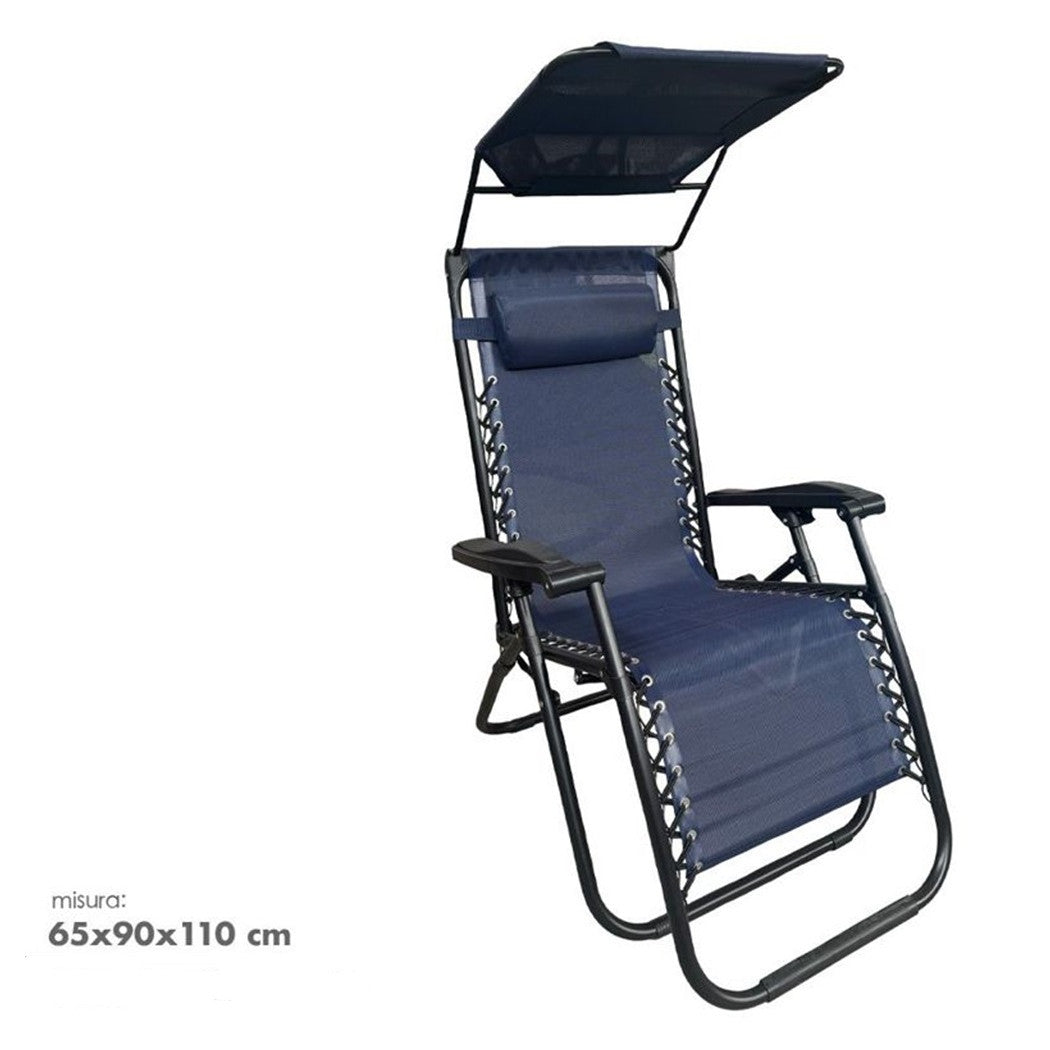 Trade Shop - Sedia Sdraio Con Parasole In Textilene Reclinabile Pieghevole Con Poggiatesta 483015 - Blu