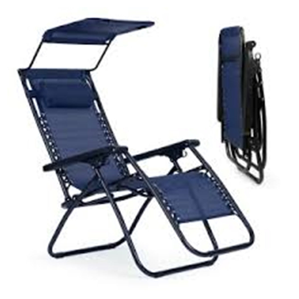 Trade Shop - Sedia Sdraio Con Parasole In Textilene Reclinabile Pieghevole Con Poggiatesta 483015 - Blu