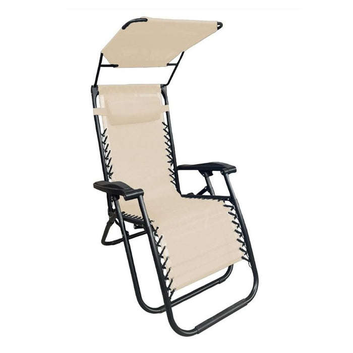 Trade Shop - Sedia Sdraio Con Parasole In Textilene Reclinabile Pieghevole Con Poggiatesta 483015 - Beige