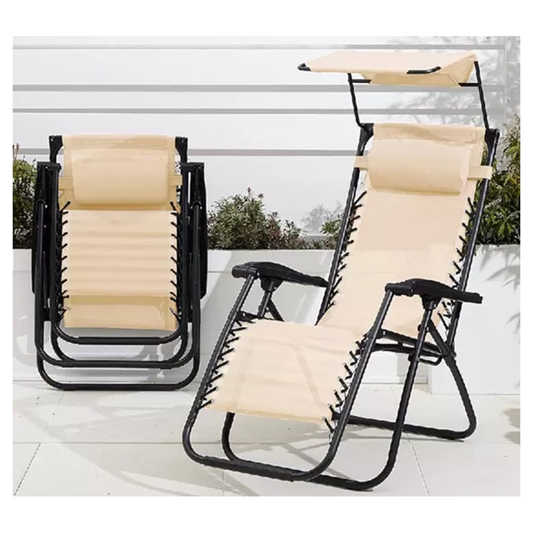 Trade Shop - Sedia Sdraio Con Parasole In Textilene Reclinabile Pieghevole Con Poggiatesta 483015 - Beige