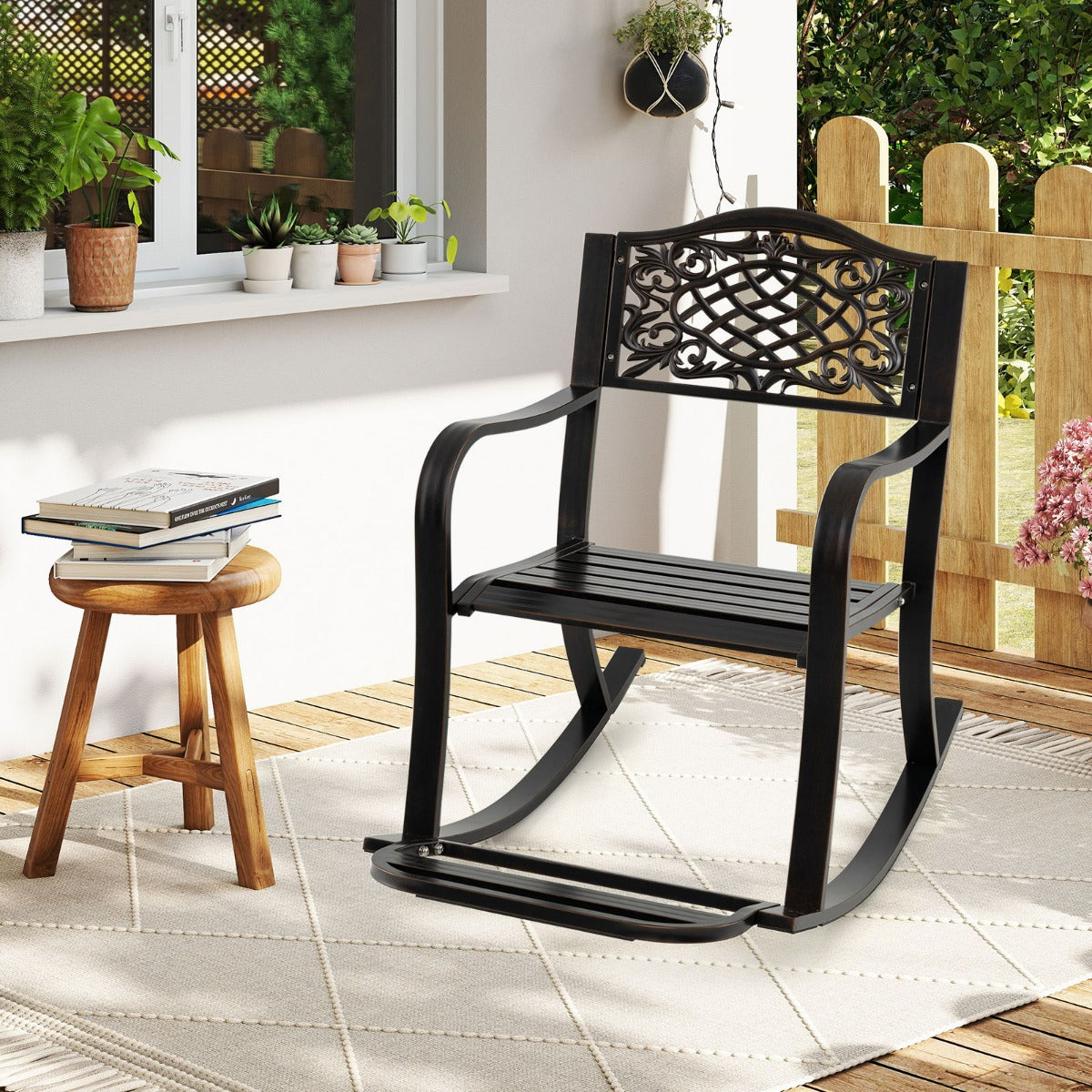 Sedia a dondolo da giardino con poggiapiedi e schienale e braccioli curvi, Sedia per esterni in alluminio pressofuso Marrone-Poltrone e sdraio