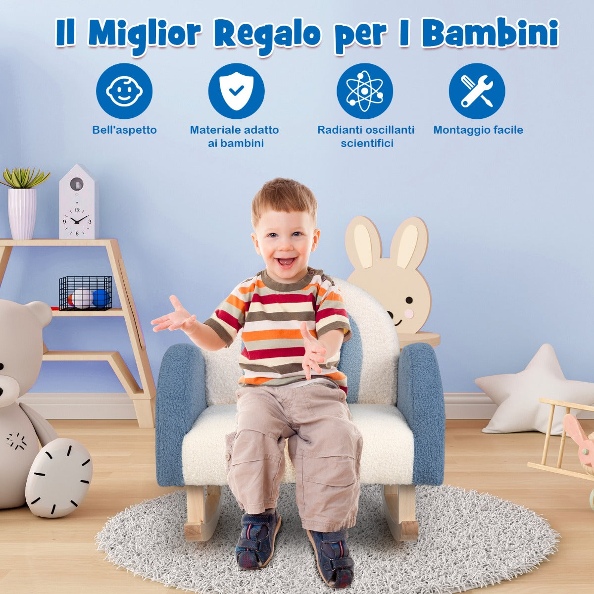 Sedia a dondolo per bambini per cameretta e stanza dei giochi, Divanetto singolo con gambe in legno Blu-Divani per bimbi