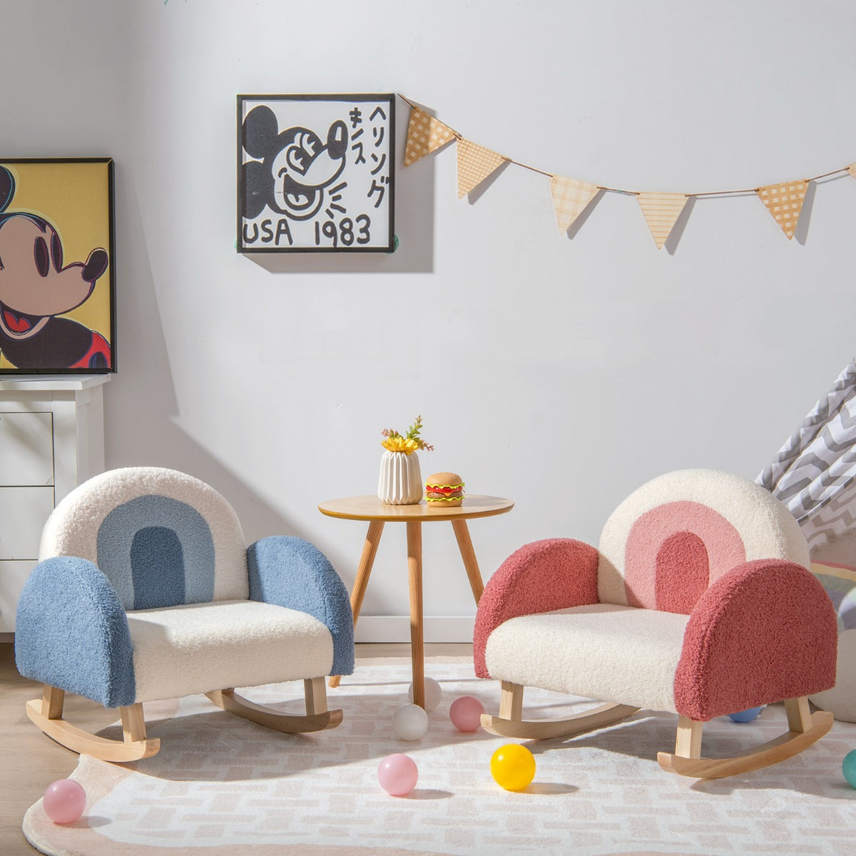 Sedia a dondolo per bambini per cameretta e stanza dei giochi, Divanetto singolo con gambe in legno Rosso-Divani per bimbi