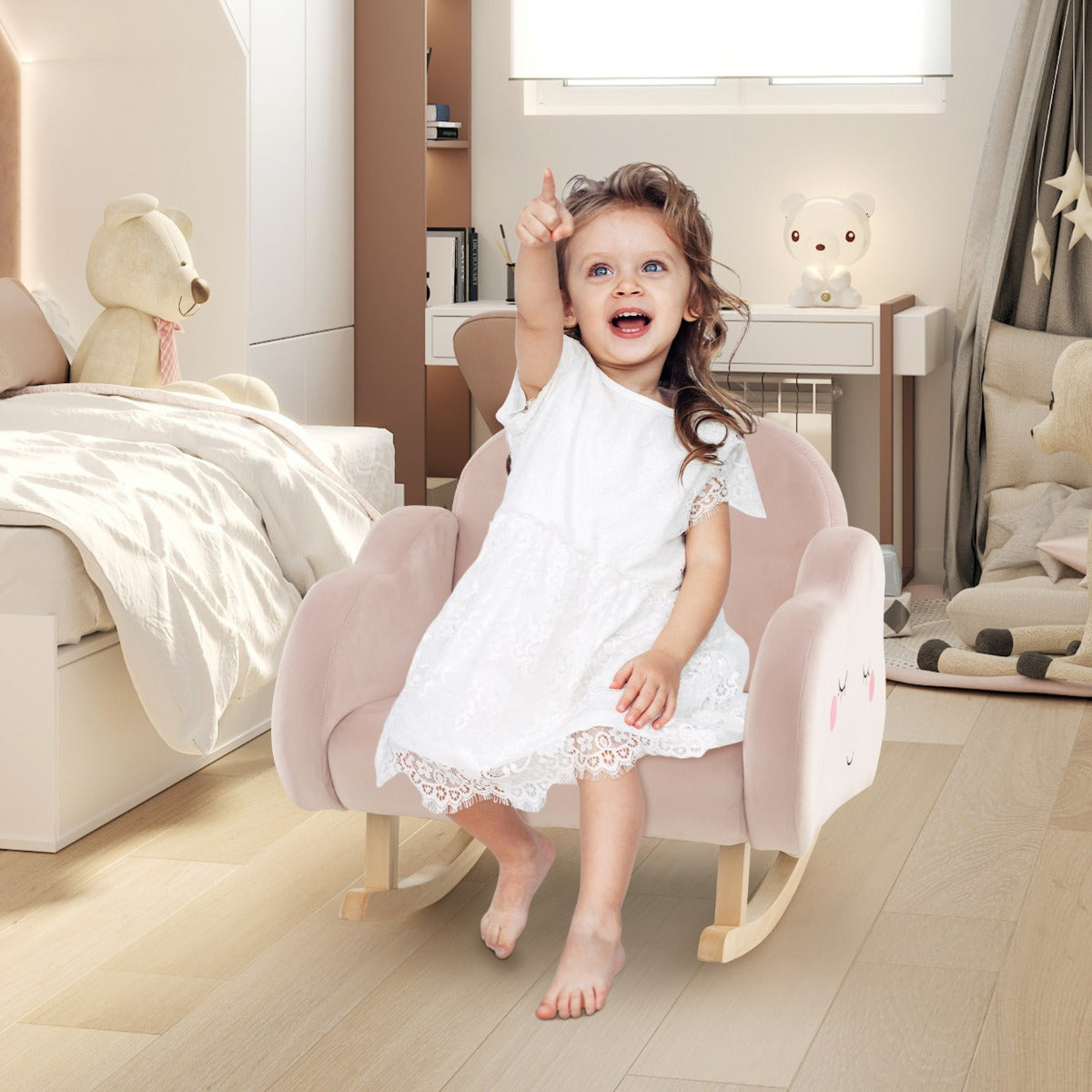 Sedia a dondolo per bambini con gambe in legno massello e piedini antiscivolo, Poltrona imbottita a dondolo Roseo-Divani per bimbi