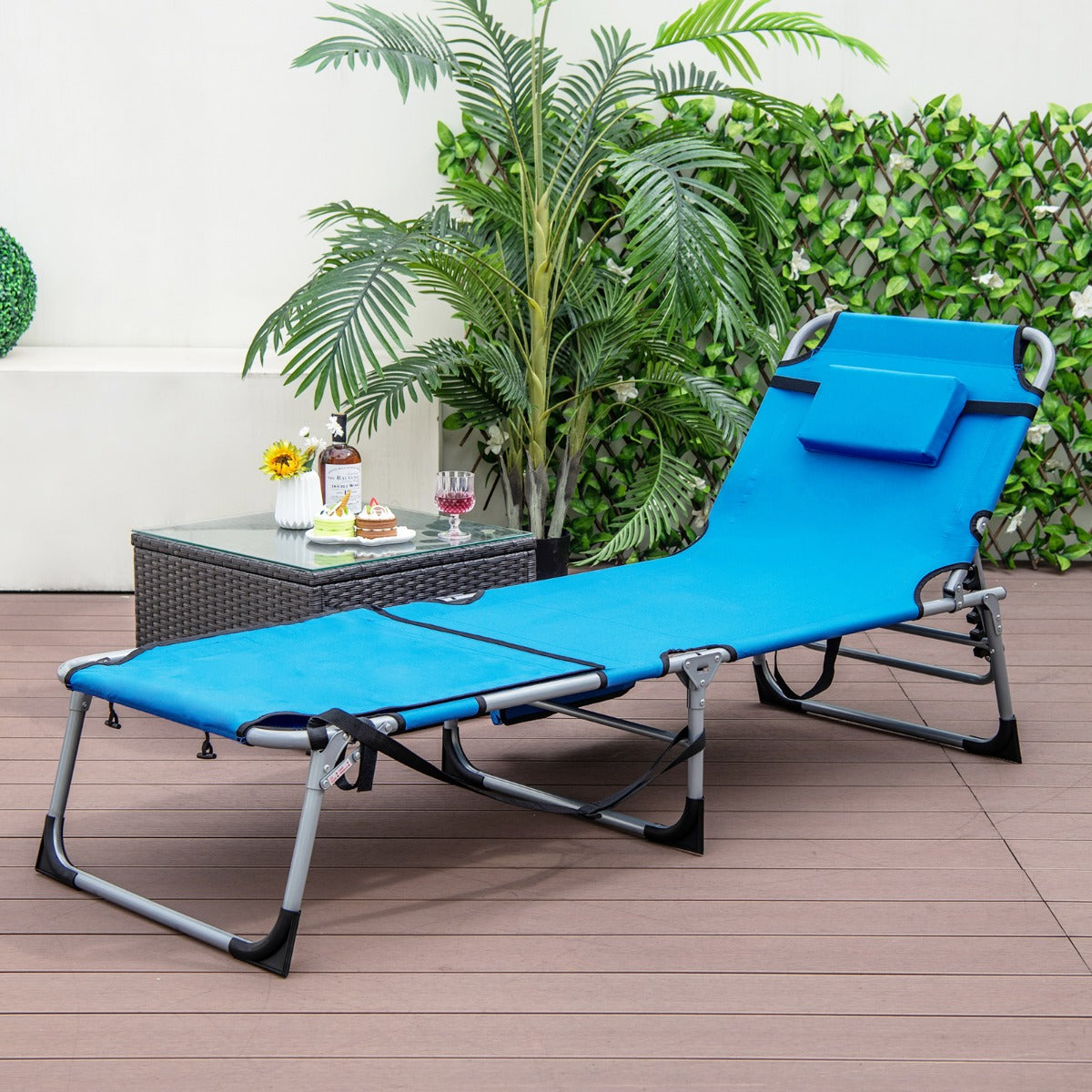 Sedia a sdraio pieghevole da esterno con 5 posizioni regolabili foro per viso, Lettino prendisole portatile Blu-Poltrone e sdraio