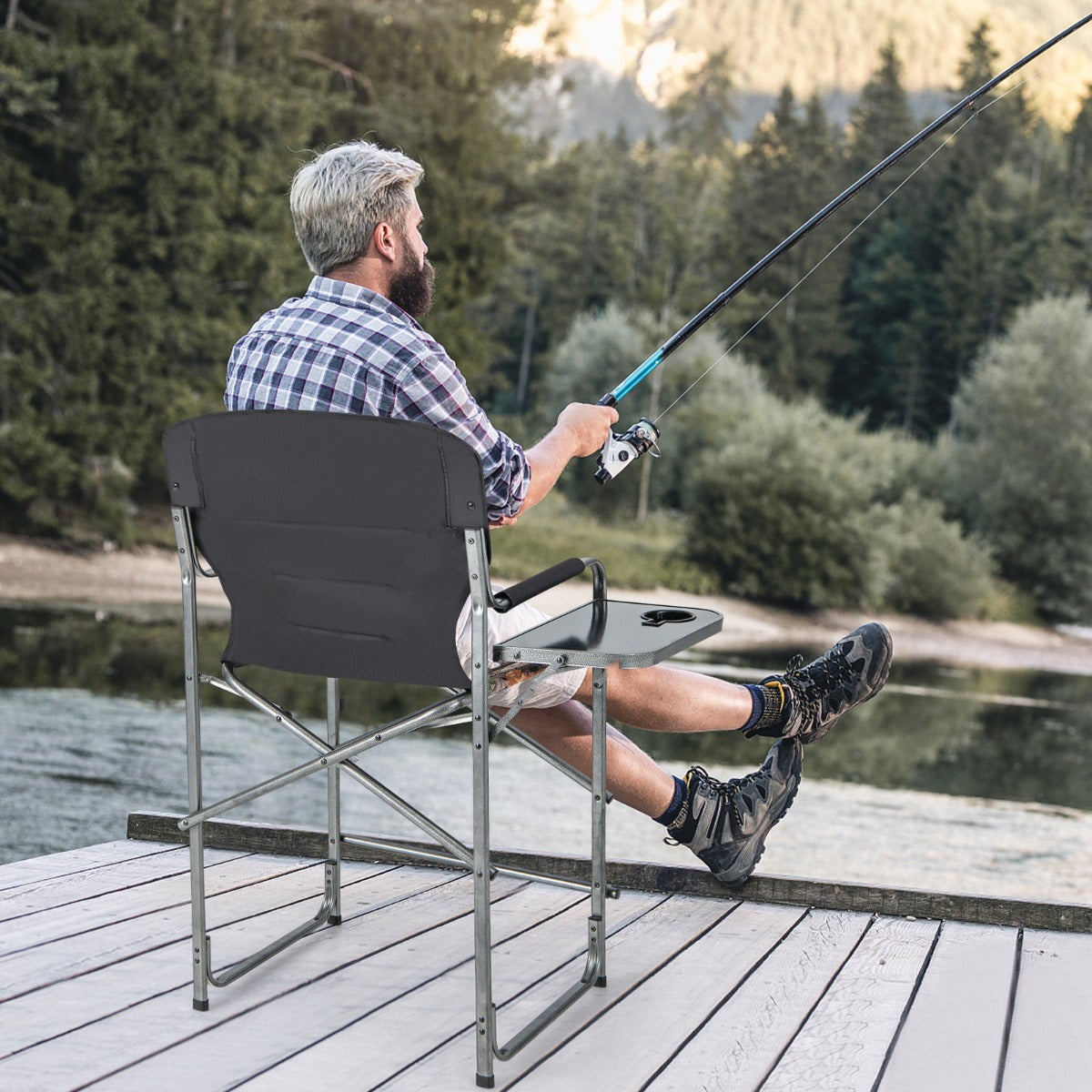 Sedia da caccia pieghevole con tavolino laterale poggiapiedi rimovibile, Sedia da regista portata 150kg 62x56x110cm-Tavoli e sedie da campeggio