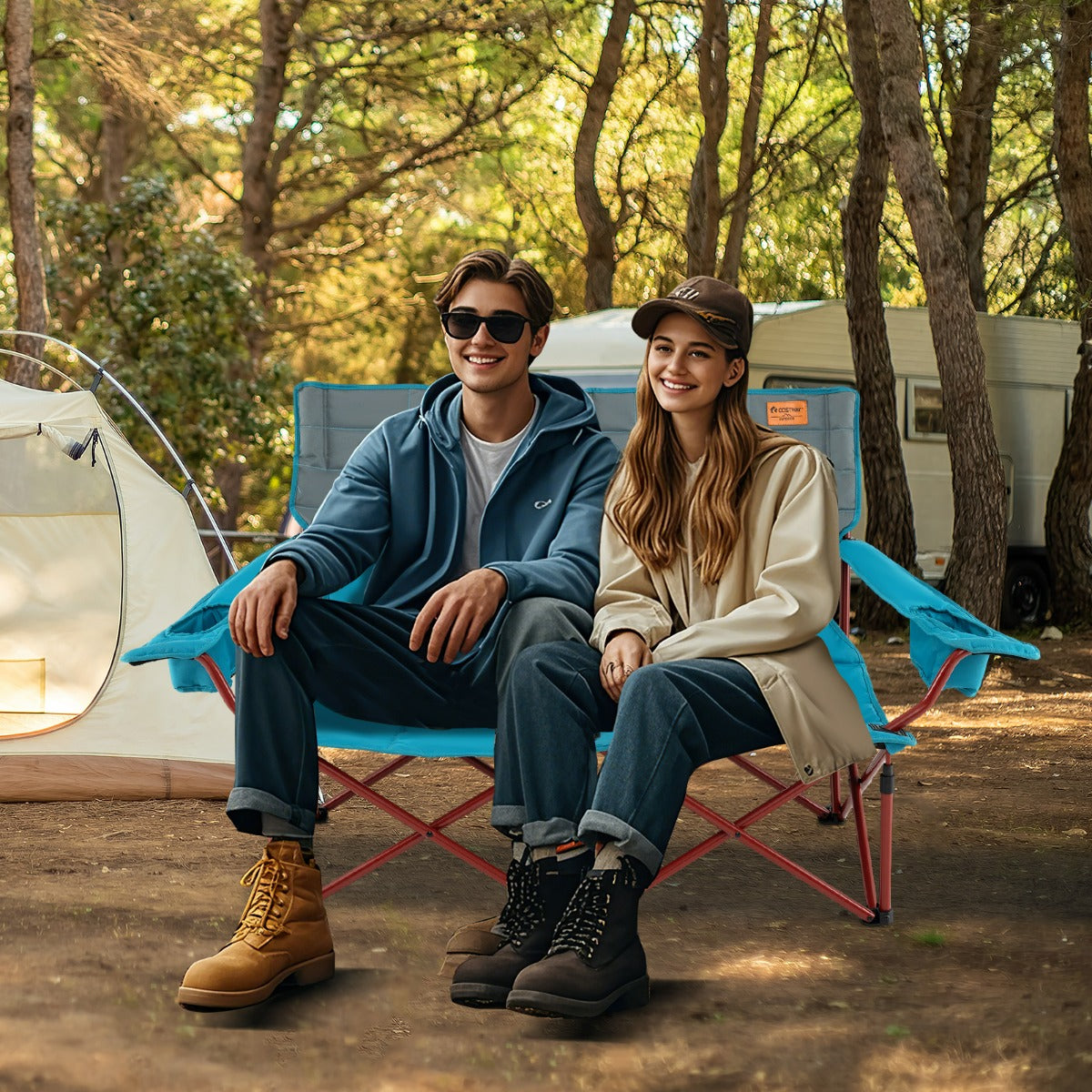 Sedia da campeggio per 2 persone con braccioli regolabili, Sedia da esterno portatile carico massimo 272 kg Blu-Tavoli e sedie da campeggio