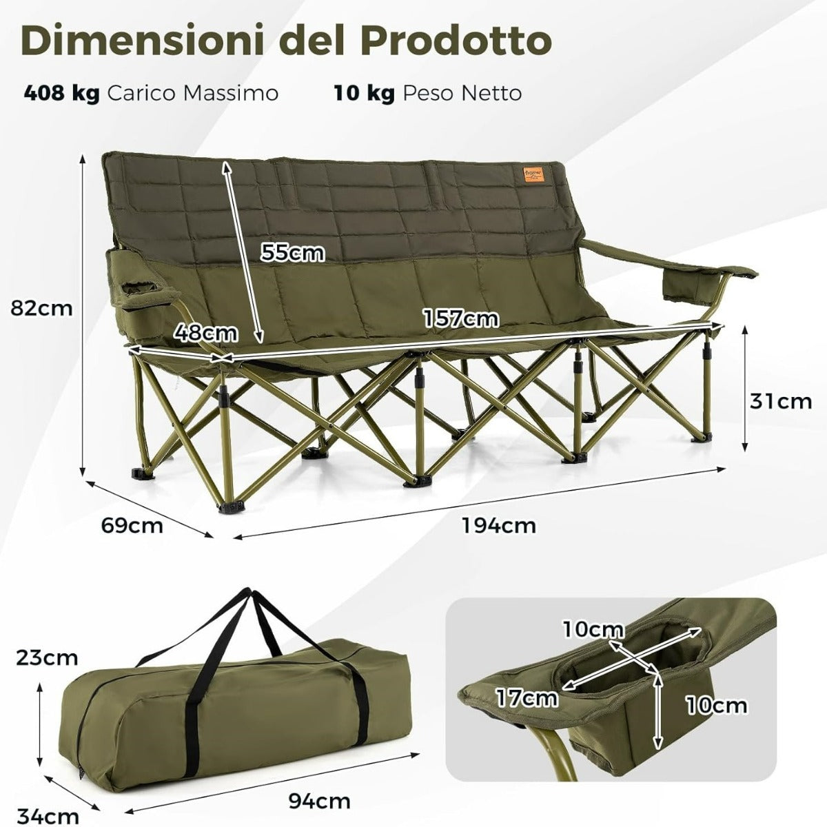 Sedia da campeggio per 3 persone con braccioli regolabili, Sedia da esterno portatile carico massimo 408 kg Verde-Tavoli e sedie da campeggio