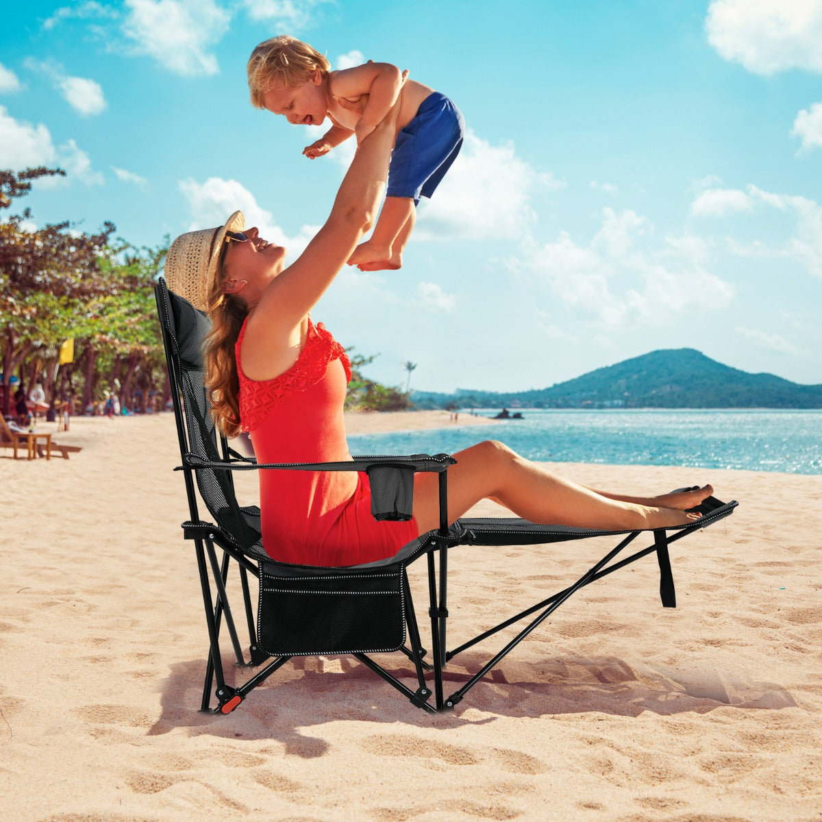 Sedia da campeggio con poggiapiedi rimovibile e schienale regolabile, Sedia pieghevole con borsa portaoggetti Grigio-Tavoli e sedie da campeggio