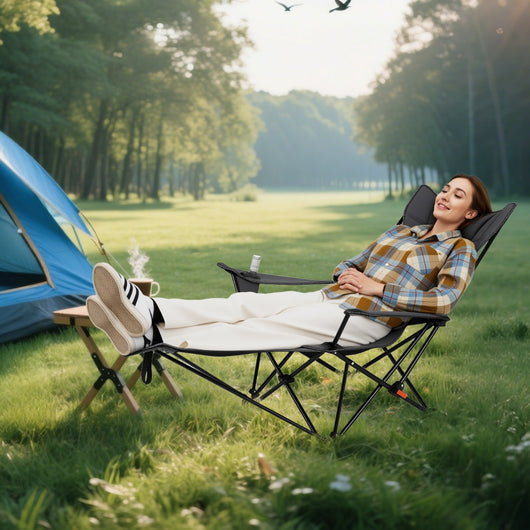 Sedia da campeggio con poggiapiedi rimovibile e schienale regolabile, Sedia pieghevole con borsa portaoggetti Grigio-Tavoli e sedie da campeggio