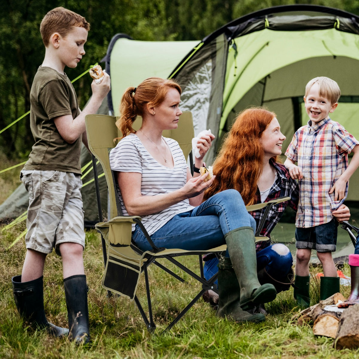 Sedia da campeggio con poggiapiedi rimovibile schienale regolabile borsa portaoggetti, Sedia pieghevole Verde-Tavoli e sedie da campeggio