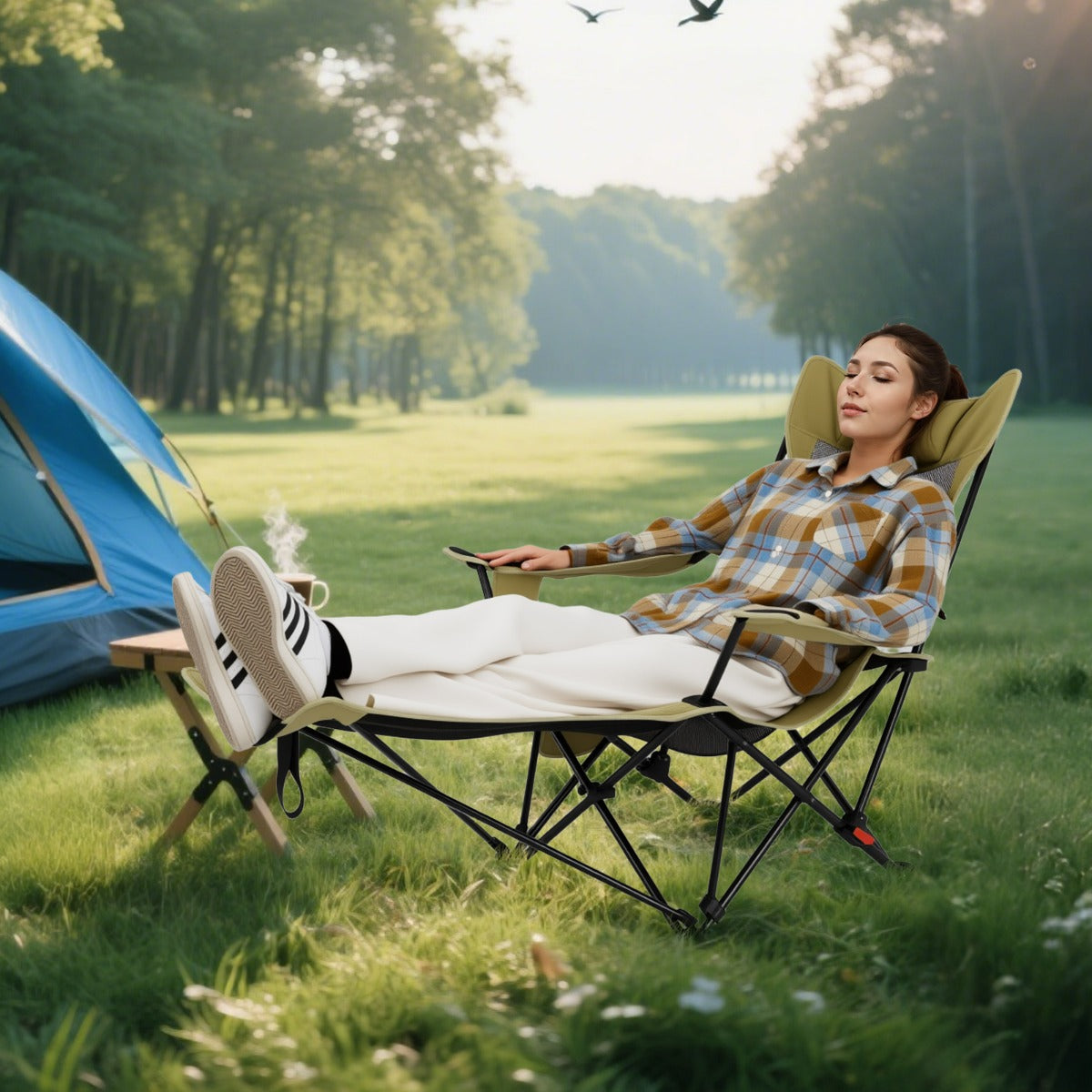 Sedia da campeggio con poggiapiedi rimovibile schienale regolabile borsa portaoggetti, Sedia pieghevole Verde-Tavoli e sedie da campeggio