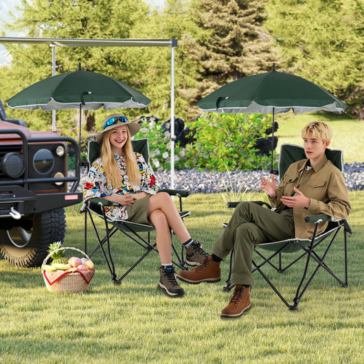 Sedia da giardino imbottita con borsa per trasporto e tettuccio parasole, Sedia da campeggio con ombrello regolabile Verde-Tavoli e sedie da campeggio