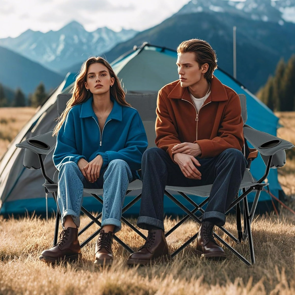 Sedia da campeggio doppia-Poltrona pieghevole per 2 persone con portabicchieri e braccioli e borsa per il trasporto Grigio