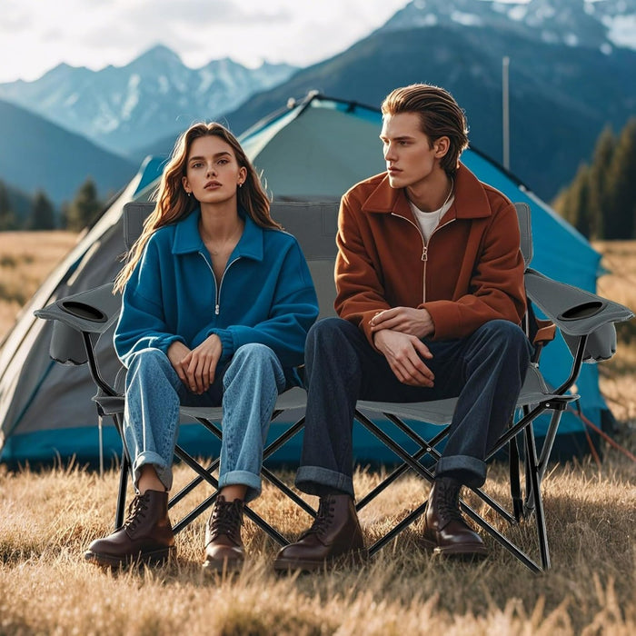 Sedia da campeggio doppia-Poltrona pieghevole per 2 persone con portabicchieri e braccioli e borsa per il trasporto Grigio