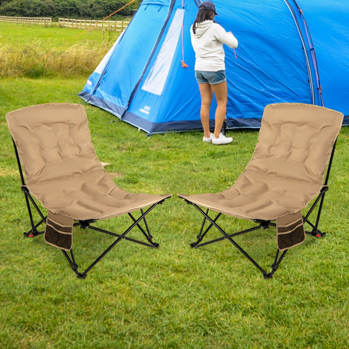 Sedia da campeggio pieghevole per adulti borsa da trasporto sedile imbottito-Lounge recliner portatile con schienale regolabile Khaki