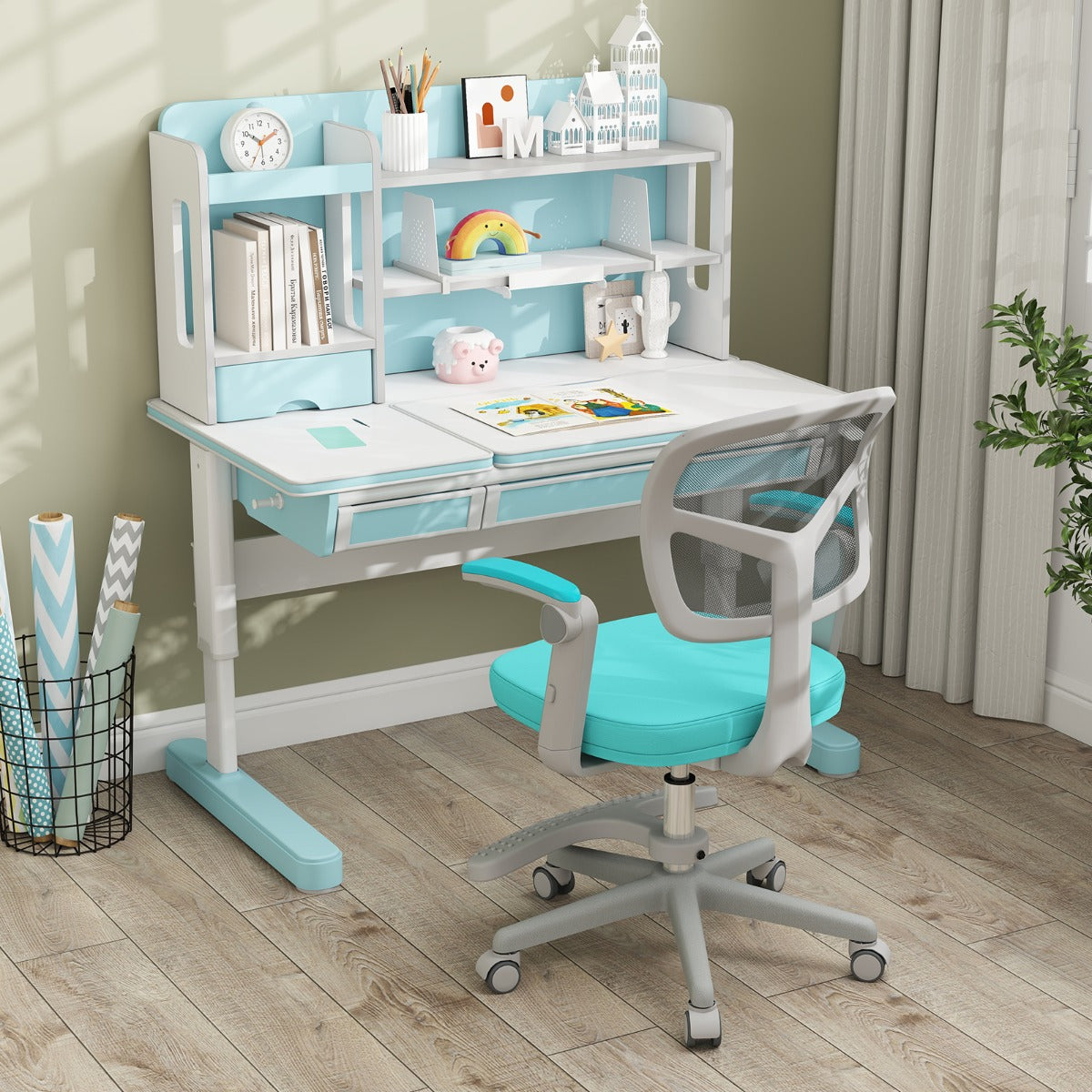 Sedia da studio con altezza regolabile da computer in rete, Sedia da scrivania per bambini ruote universali Verde-Tavoli e sedie